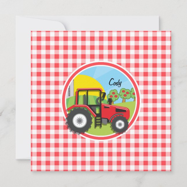 Red Tractor on Red and White Gingham Invitation (Front)