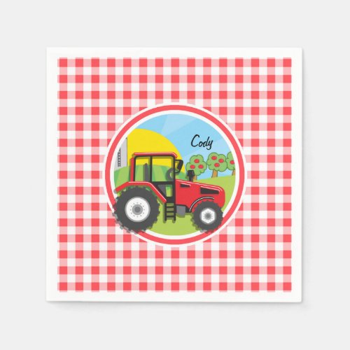 Red Tractor on Red and White Gingham Napkins