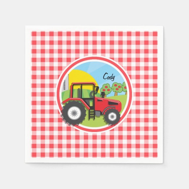 Red Tractor on Red and White Gingham Napkins (Front)
