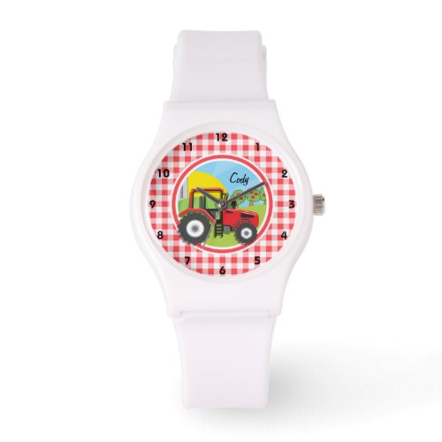 Red Tractor on Red and White Gingham Watch