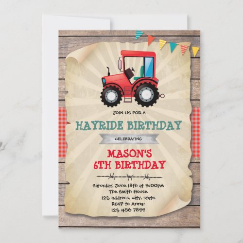 Red tractor party birthday invitation