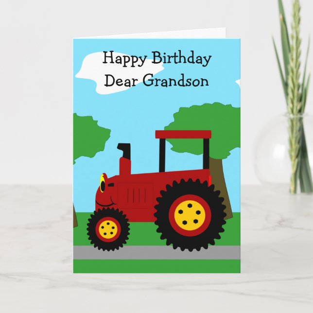 Red Tractor Personalised Grandson Birthday Card (Front)