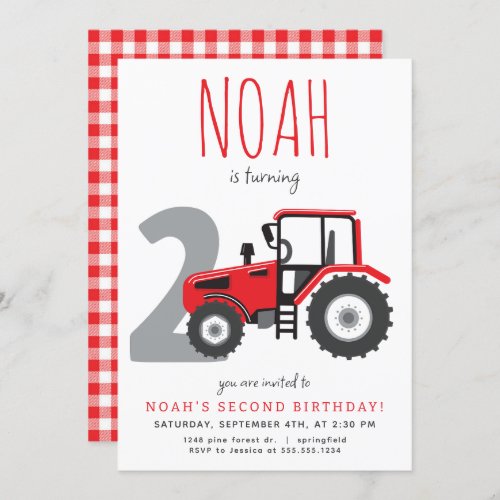 Red Tractor Second Birthday Invitation