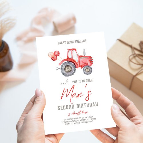 Red Tractor Theme Birthday Invitation