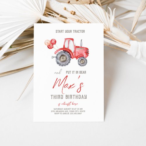 Red Tractor Theme Birthday Invitation