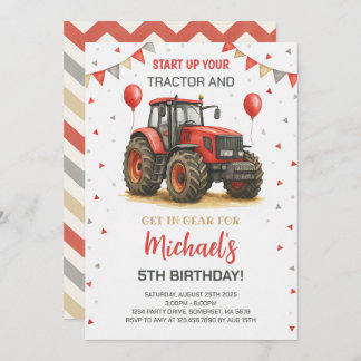 Red Tractor Theme Birthday Party Invitation