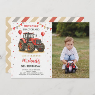 Red Tractor Theme Birthday Party Photo Invitation