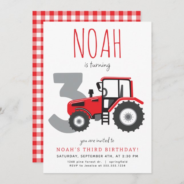 Red Tractor Third Birthday Invitation (Front/Back)