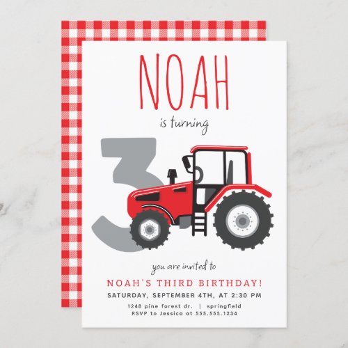 Red Tractor Third Birthday Invitation