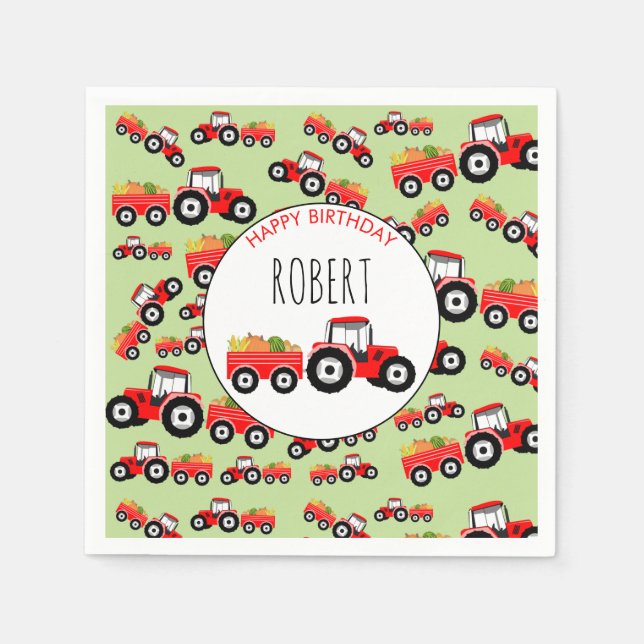 Red Tractor Truck Farm Produce Birthday Napkins (Front)