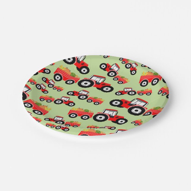 Red Tractor Truck Farm Produce Paper Plates (Angled)