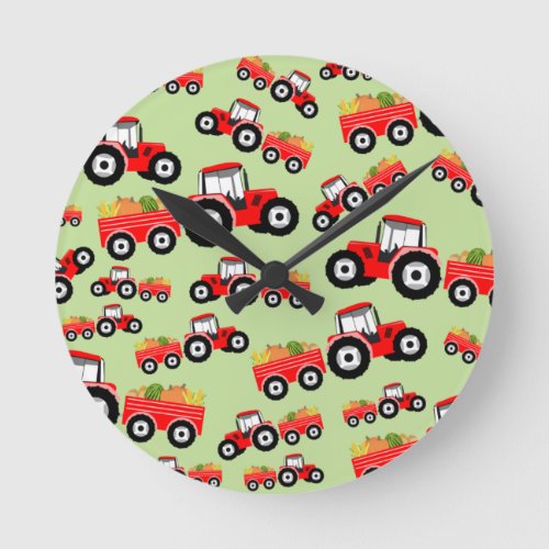 Red Tractor Truck Farm Produce Round Clock