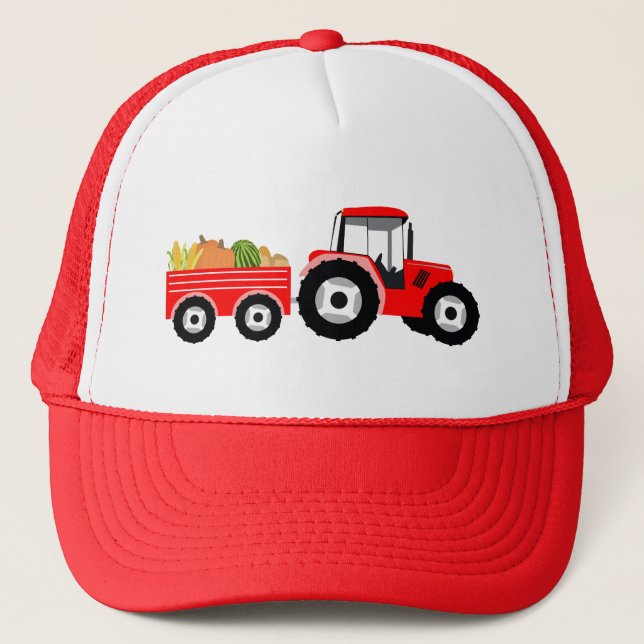 Red Tractor Truck Farm Produce Trucker Hat (Front)