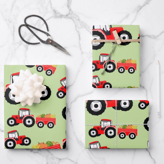 Red Tractor Truck Farm Produce Wrapping Paper Sheets (Front)
