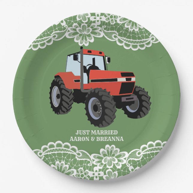 Red Tractor Wedding Bridal Shower Farm Paper Plates (Front)