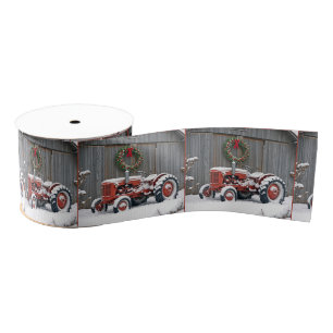 Red Tractor With Christmas Wreath Grosgrain Ribbon