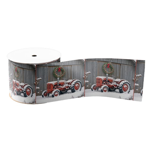 Red Tractor With Christmas Wreath Grosgrain Ribbon (Spool)