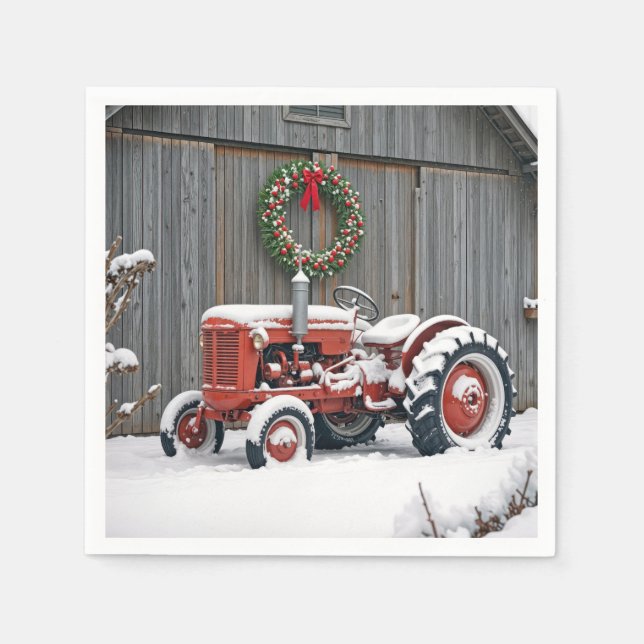 Red Tractor With Christmas Wreath Napkins (Front)