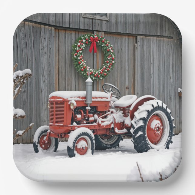 Red Tractor With Christmas Wreath Paper Plates (Front)
