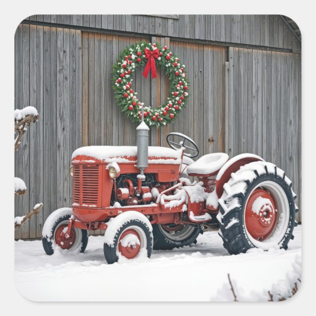 Red Tractor With Christmas Wreath Square Sticker (Front)