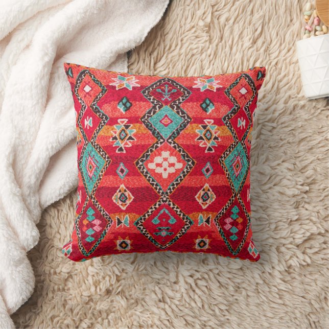 Red Traditional Bohemian Moroccan Throw Pillow (Blanket)