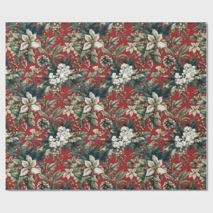 Red Traditional Christmas Floral and Pinecone Wrapping Paper