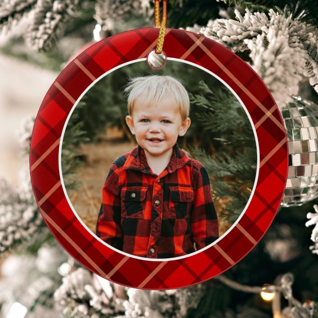 Red Traditional Christmas Plaid Photo Ceramic Ornament (Creator Uploaded)