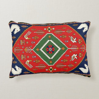 Red Traditional Folk Art Geometric Animal Tapestry Accent Pillow
