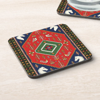 Red Traditional Folk Art Geometric Animal Tapestry Beverage Coaster