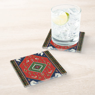 Red Traditional Folk Art Geometric Animal Tapestry Glass Coaster