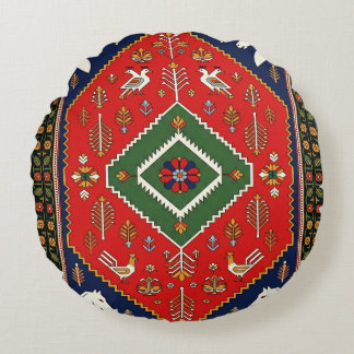 Red Traditional Folk Art Geometric Animal Tapestry Round Pillow