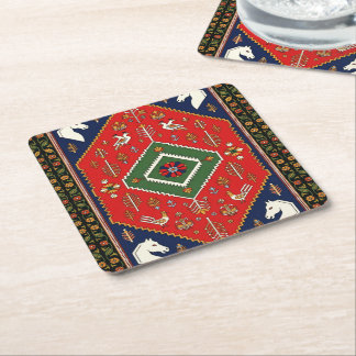 Red Traditional Folk Art Geometric Animal Tapestry Square Paper Coaster