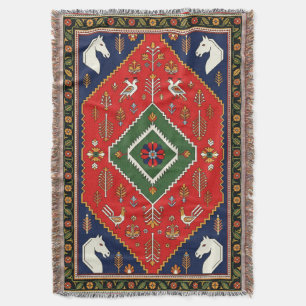 Red Traditional Folk Art Geometric Animal Tapestry Throw Blanket