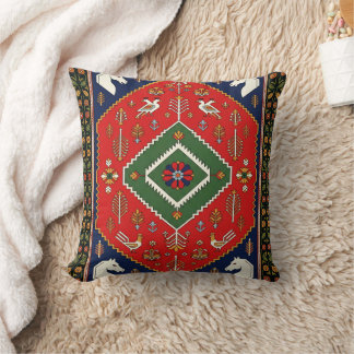 Red Traditional Folk Art Geometric Animal Tapestry Throw Pillow