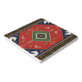 Red Traditional Folk Art Geometric Animal Tapestry Trivet