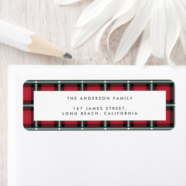red traditional tartan personalised christmas label (Insitu)