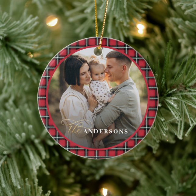 Red traditional tartan personalized christmas ceramic ornament (Tree)