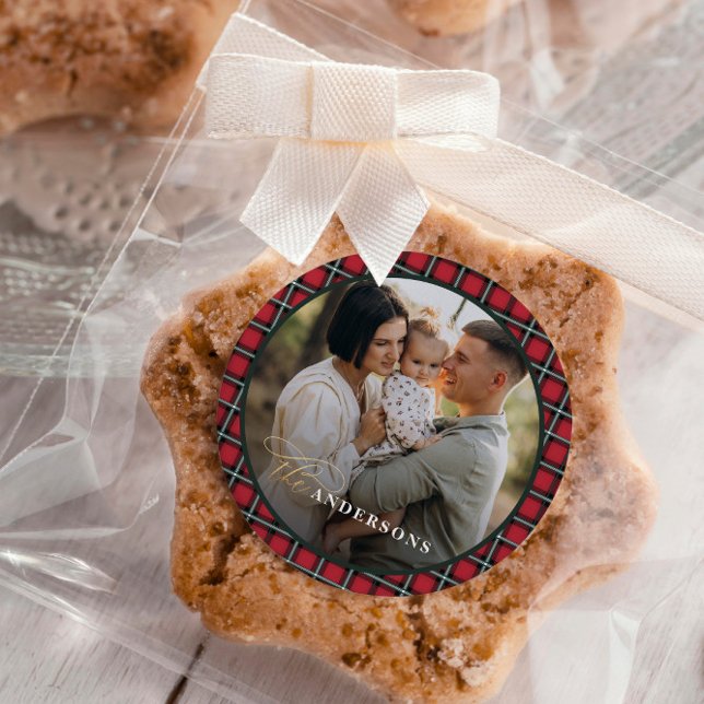 Red traditional tartan personalized christmas classic round sticker (Creator Uploaded)