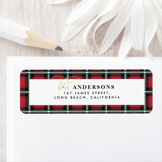 Red traditional tartan personalized christmas label (Insitu)