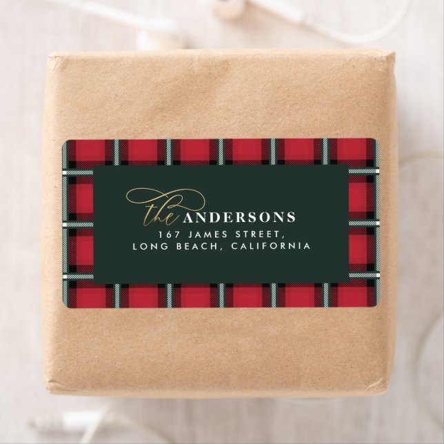 Red traditional tartan personalized christmas label (Insitu)