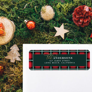 Red traditional tartan personalized christmas label