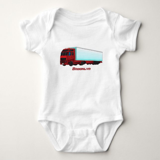 Red trailer truck illustration baby bodysuit (Front)