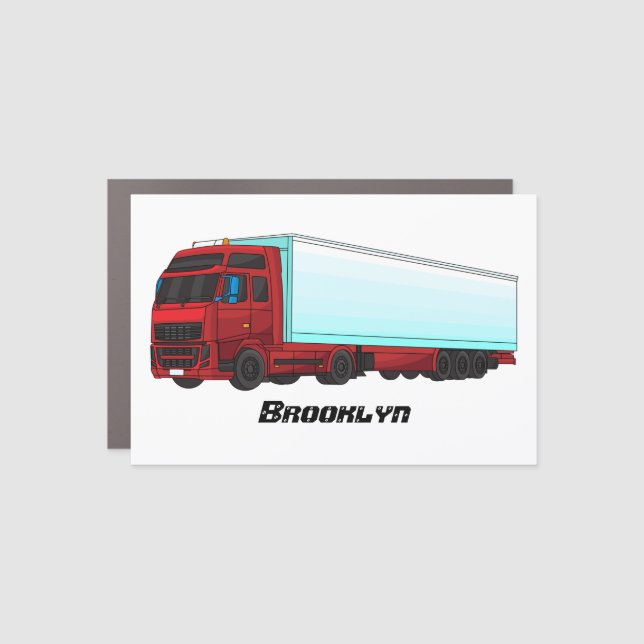 Red trailer truck illustration car magnet (Front)