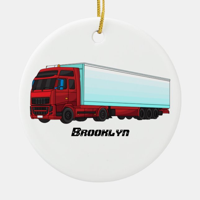 Red trailer truck illustration ceramic ornament (Front)