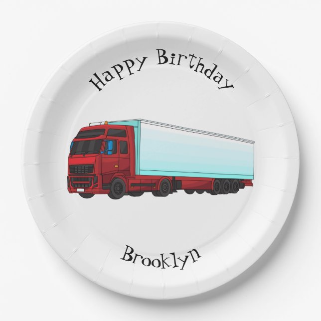 Red trailer truck illustration paper plates (Front)