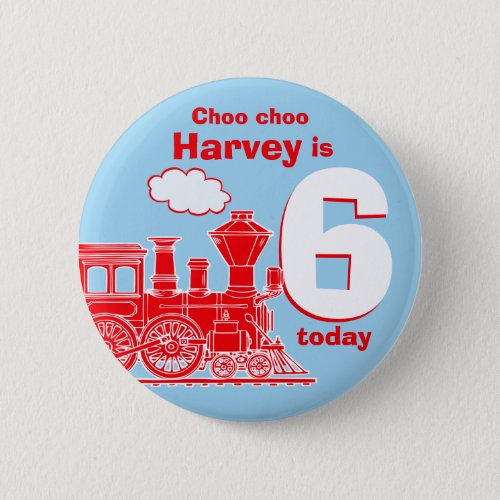 Red train birthday name and age button  badge