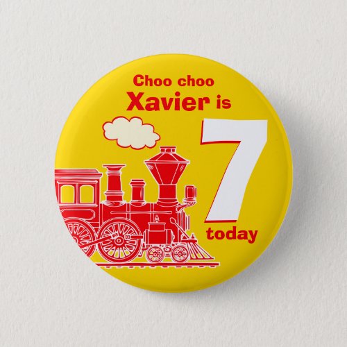 Red train birthday name and age yellow badge button