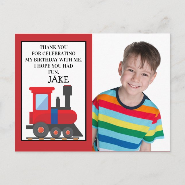 Red Train Birthday Photo Thank You Postcard (Front)