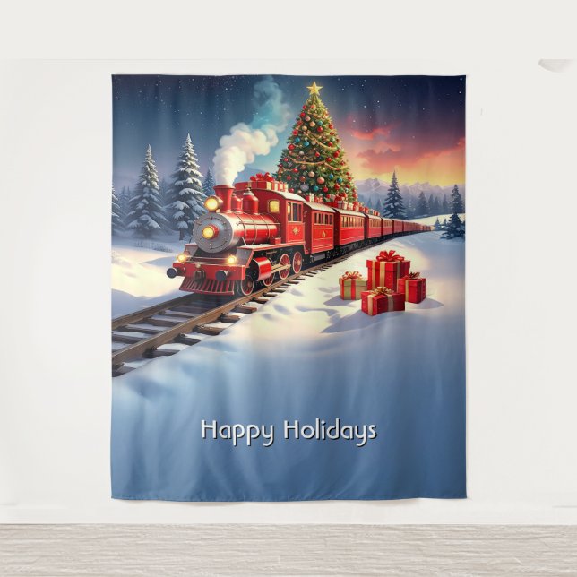Red Train Christmas Tree Holiday Backdrop (Front)