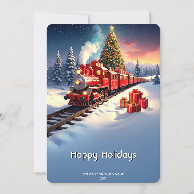 Red Train Christmas Tree Holiday Card (Front)